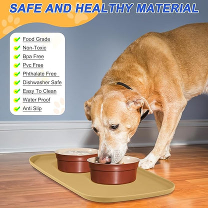 Silicone Pet Feeding Mat with Raised Edge, Dog Cat Bowl Mats for Food and Water, Pet Placemat for Floors Waterproof, 22” x 14” x 0.8” Beige - PAWPICO