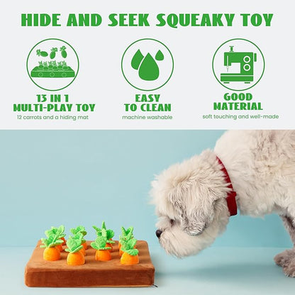 Nocciola 12 pcs Carrot Dog Squeaky Toys with Food Dispensing Carrot Farm, Dog Enrichment Toys for Hide and Seek, Puzzle Toys for Small and Medium Dogs - PAWPICO