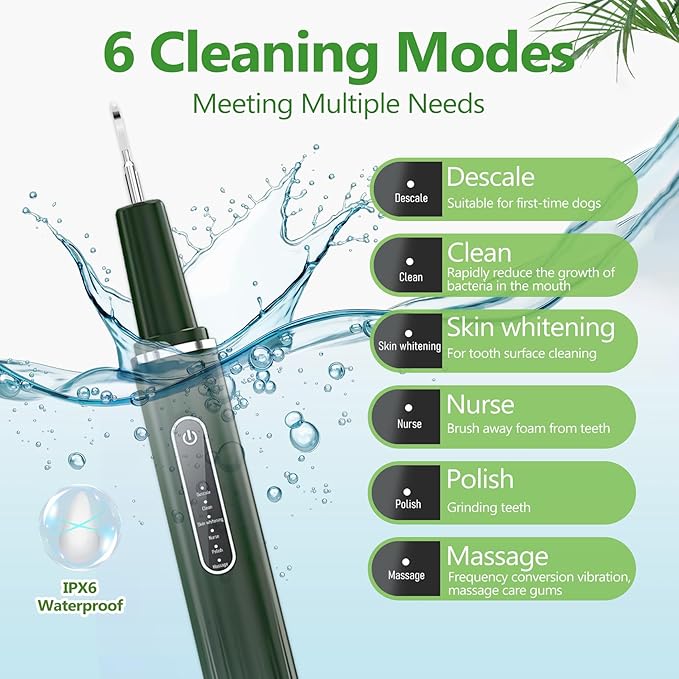 Dog Plaque Remover for Teeth - Pet Ultrasonic Tooth Cleaner, 6 Adjustable Modes Dog Teeth Cldaning Kit with LED Light, Cats and Dogs Tartar Remover for Teeth (Green, Large) PAWPICO