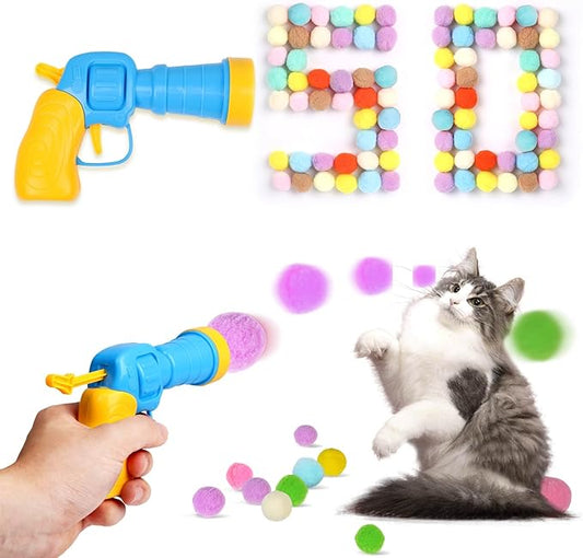 Cat Toy Balls with Launchers Set (1+50), 50 Cat Pom Pom Balls & 1 Cat Toy Ball Launchers (Durable Reinforced Edition), Cat Enrichment Toys, Interactive Cat Toy Balls, Soft & Safe Cat Toys - PAWPICO