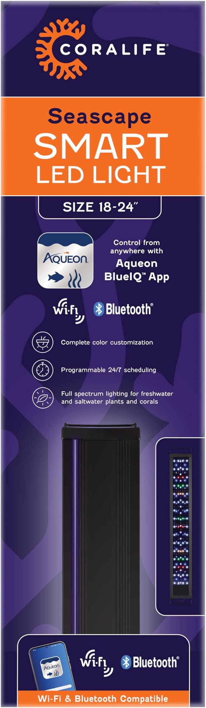 Coralife Fish Tank Aquarium Seascape WiFi/Bluetooth Smart LED Light Fixture, 18-24" Coralife