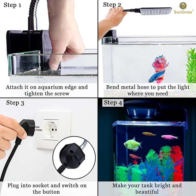 SunGrow LED Aquarium Light for Fish Tank, 24 LEDs, White & Blue Adjustable 360° Flexible Metal Arm Small Aquarium LED Light for Nano Tank, Install on Dog & Cat Crate for Security, Kitten & Puppy Care SunGrow