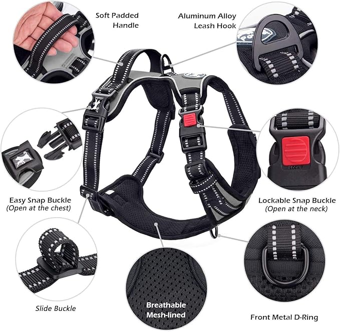 PoyPet No Pull Dog Harness, No Choke Front Clip Dog Reflective Harness, Adjustable Soft Padded Pet Vest with Easy Control Handle for Small to Large Dogs(Grey,L) PoyPet