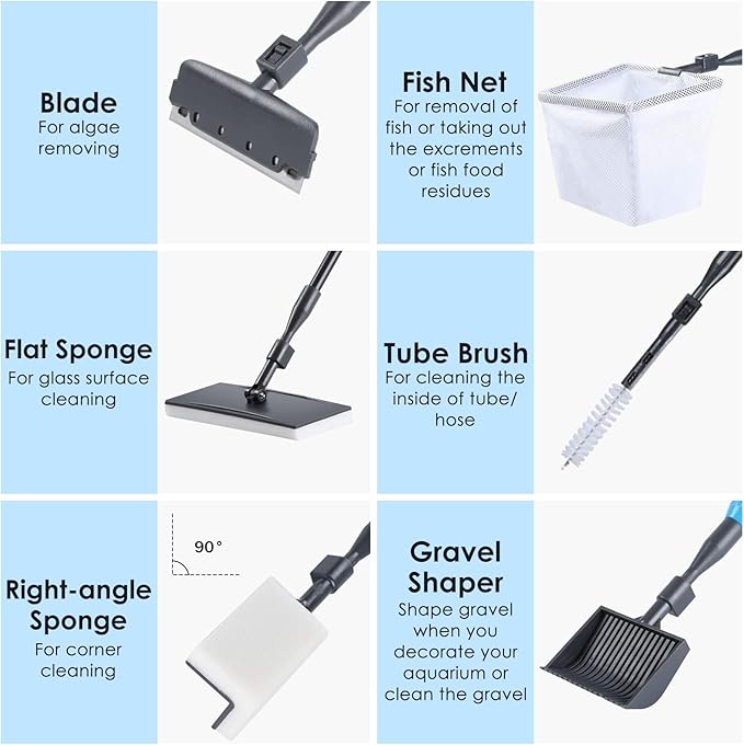 AquaMiracle 6 in 1 Aquarium Cleaning Tool Kit Fish Tank Cleaning Kit for 20-160 Gallon Tank with Telescopic Long Handle, Algae Scraper, Scrubber Pads, Tube Cleaner, Fish net, Gravel Rake AquaMiracle