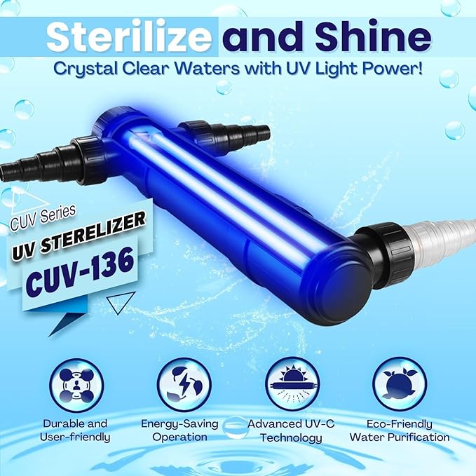 Flexzion Pond UV Lights for Outdoor Ponds - 36W Large Pond UV Light, 9246 Gal Capacity, 4500L/H UV Pond Clarifier for Outdoor Ponds, Clears Water in Days (CUV-136) Flexzion