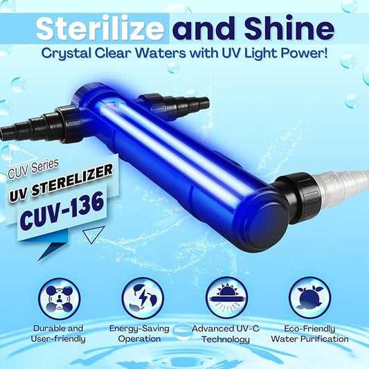Flexzion Pond UV Lights for Outdoor Ponds - 36W Large Pond UV Light, 9246 Gal Capacity, 4500L/H UV Pond Clarifier for Outdoor Ponds, Clears Water in Days (CUV-136) Flexzion