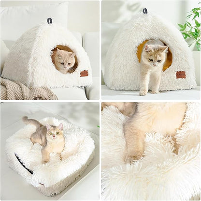 CATISM Cat Bed, Cat Cave for Indoor Cats, Soft Cat Dome, Self-Warming 2 in 1 Foldable Pet Cat House with Washable Cushioned Pillow Calming Fluffy Dog Beds for Small Dogs with Anti-Slip Bottom White - PAWPICO