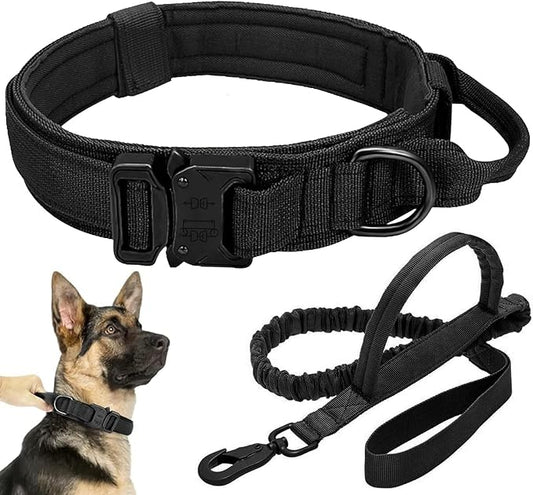 Tactical Dog Collar Leash Set, Adjustable Military Training Nylon Collar Dog Training with Control Handleand Metal Buckle, Dog Collar for Medium Large Dogs (Black,M) ANTSWISH
