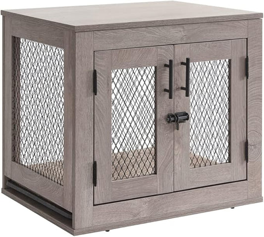 unipaws Dog Crate Furniture, Wooden Dog Kennel for Small Breed, Indoor Decorative Wood Dog Cage, Inside Side End Table Crate with Tray and Dog Bed for Puppy, Cats, Min Pigs, Rabbit, Up to 25 lbs - PAWPICO