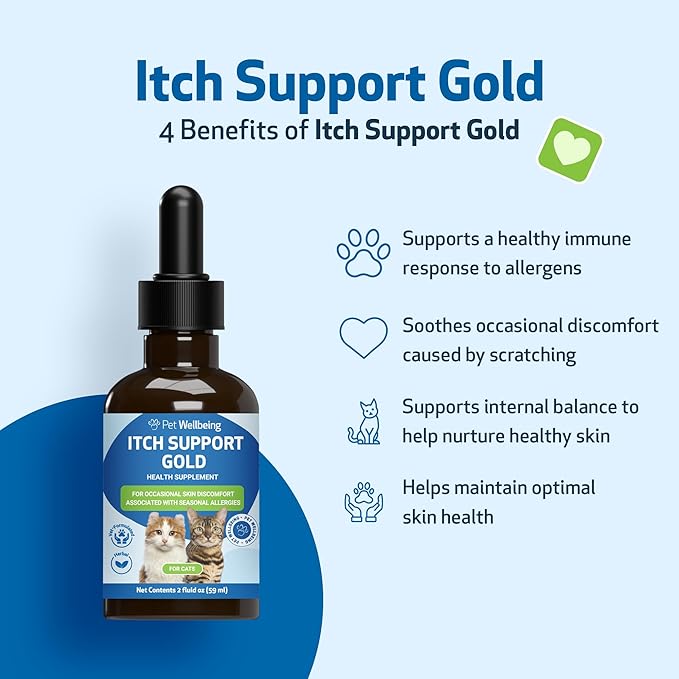 Pet Wellbeing Itch Support Gold for Cats - Occasional Itching, Scratching, and Hot Spots, Environmental and Seasonal Allergies, Dong Quai - Veterinarian-Formulated Herbal Supplement 2 oz (59 ml) PetWellbeing