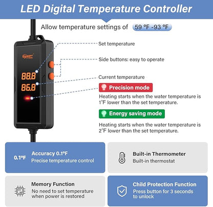 hygger 200w Aquarium Heater, Submersible Fish Tank Heater with Intelligent Temperature Control and Leaving Water Automatically Stop Heating System, for 20-40 Gallon Tanks hygger