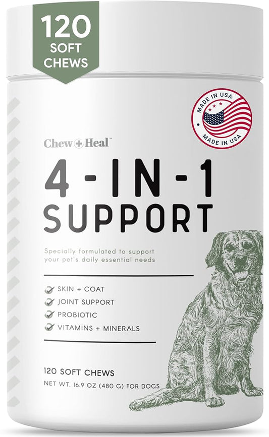 Chew + Heal All in 1 Dog Vitamin - 120 Soft Chew Treats - Chewable Multivitamin with Probiotics, Digestive Enzymes, for Skin and Coat, Hip and Joint Support - with Omega, Calcium - Made in The USA ChewHeal