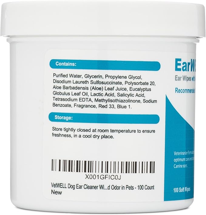 Dog Ear Wipes - Otic Cleaning Wipes for Infections and Controlling Ear Infections and Ear Odor in Pets - EarWELL by VetWELL - 100 Count VetWELL