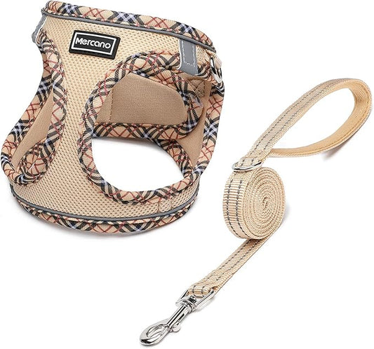 Mercano Soft Mesh Dog Harness and Leash Set, No-Chock Step-in Reflective Breathable Lightweight Easy Walk Vest Harnesses with Safety Buckle for Small Medium Dogs, Cats (Beige, S) PAWPICO