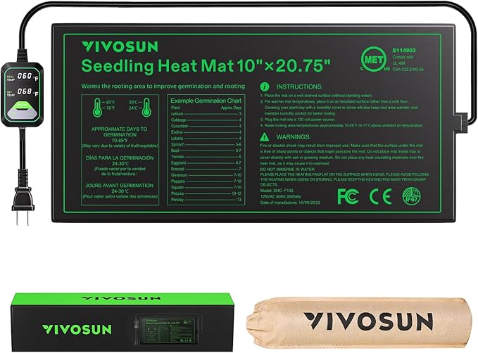 VIVOSUN 10"x20.75" Seedling Heat Mat with Built-in Temperature Controller, UL & MET-Certified Waterproof Plant Heating Pad for Germination, Hydroponics, Brewing, Breeding, and Greenhouses VIVOSUN