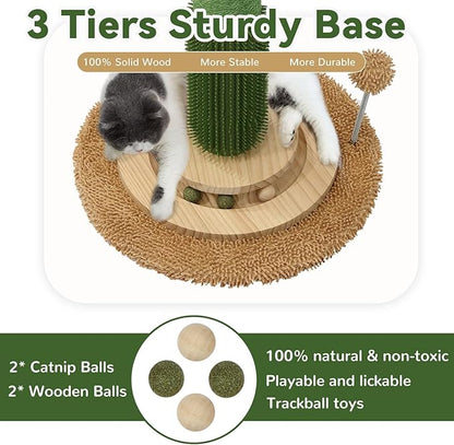 OTOB 36" Tall Cat Scratching Post, Natural Sisal Rope Cactus Scratcher Post, Vertical 6-in-1 Interactive Turntable Cat Scratch Post with Soft Ball Toys, Protect Your Furniture for All Indoor Cats - PAWPICO