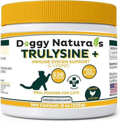 Trulysine Plus L-Lysine for Cats Immune Support Oral Powder 8oz/226g - Cats & Kittens of All Age, Sneezing, Runny Nose Squinting, Watery Eyes Chicken Liver Flavor (U.S.A)(226 Grams (900mg / Scoop)) Pet+Health+Pharma