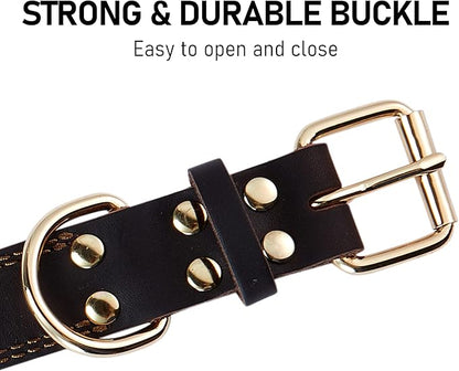 Dog Collar, Genuine Leather Dog Collar, Heavy Duty Dog Collar, Wide Dog Collar for Small Dog, Medium Dog, Large Dog and Extra Large Dog (L: 1.2" Wide for 17"-23" Neck, Dual Stitch - Brown) DAIHAQIKO