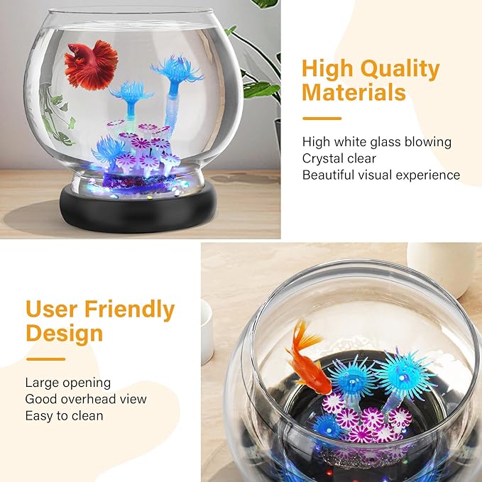 hygger 0.5 Gallon/1 Gallon Glass Fish Bowl with LED Light and Decor, Small Round Betta Fish Tank Goldfish Bowl, Round Clear Unbreakable Aquarium/Vase/Hydroponic Plant Terrarium, Nice Centerpieces hygger