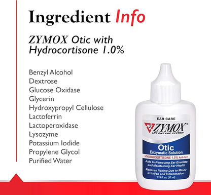 Zymox Otic Enzymatic Solution for Dogs and Cats to Soothe Ear Infections with 1% Hydrocortisone for Itch Relief, 1.25oz ZYMOX