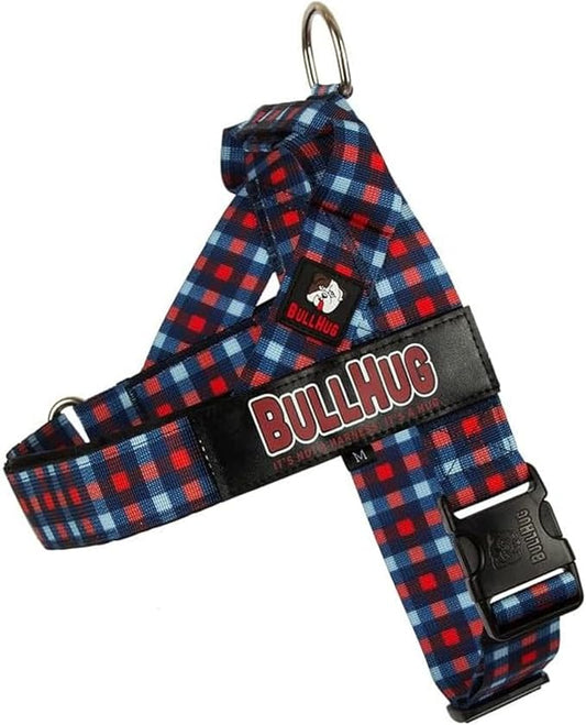BULLHUG Harness – Made for Larger Chested Dogs Like English Bulldogs, French Bulldogs, Pugs & More. Stops Dogs from Pulling & Choking on Walks (Red and Blue Plaid, Medium) BULLHUG