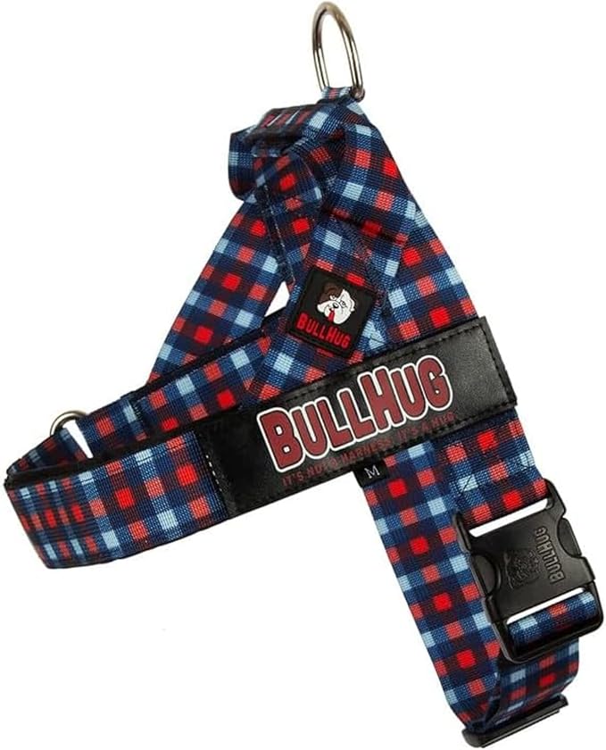 BULLHUG Harness – Made for Larger Chested Dogs Like English Bulldogs, French Bulldogs, Pugs & More. Stops Dogs from Pulling & Choking on Walks (Red and Blue Plaid, Large) BULLHUG