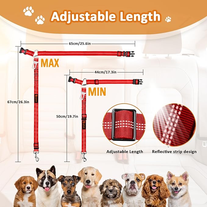 Removable Dog Seat Belt Harness for Car, 3 in 1 Pet Dog Car Seatbelt Leash, Retractable Restraint Secures to Vehicle Headrest & Adjustable Reflective Bungee Dog Seatbelt Tether, Red - PAWPICO