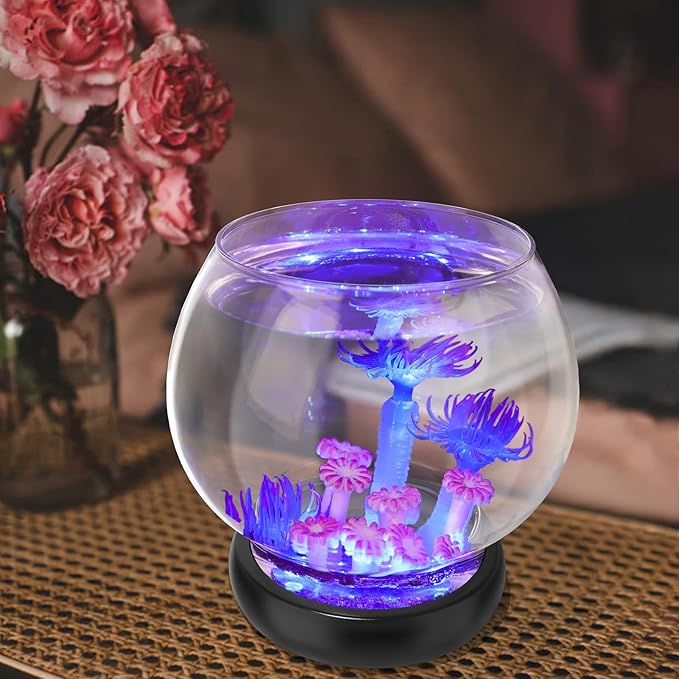 hygger 0.5 Gallon/1 Gallon Glass Fish Bowl with LED Light and Decor, Small Round Betta Fish Tank Goldfish Bowl, Round Clear Unbreakable Aquarium/Vase/Hydroponic Plant Terrarium, Nice Centerpieces hygger