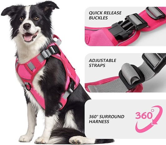 WINGOIN Tactical Dog Harness for Extra Large Dogs, Heavy Duty No Pull Dog Harness with Handle, Adjustable Reflective Military K9 German Shepherd Big Dog Vest for Training, Walking, Pink (XXL) - PAWPICO