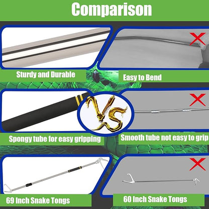 69" Snake Grabber Tool Heavy Duty, Professional Snake Catcher Tongs Rattlesnake Reptile Grabber Extend Long Keep Safe Spacing Stainless Steel Sponge Wrapped Handle Wide Jaw (Black) PAWPICO