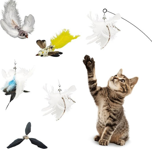 Variety Play Cat Toys Set, 5 Pack, Refills for Cat Wand Toys, Cat Fishing Poles, Spring Wires, Door/Wall Hang Ropes. 2 Bird Cat Toys, 2 Feather Cat Toys & Windmill - Bells & Easy Clip-On - PAWPICO