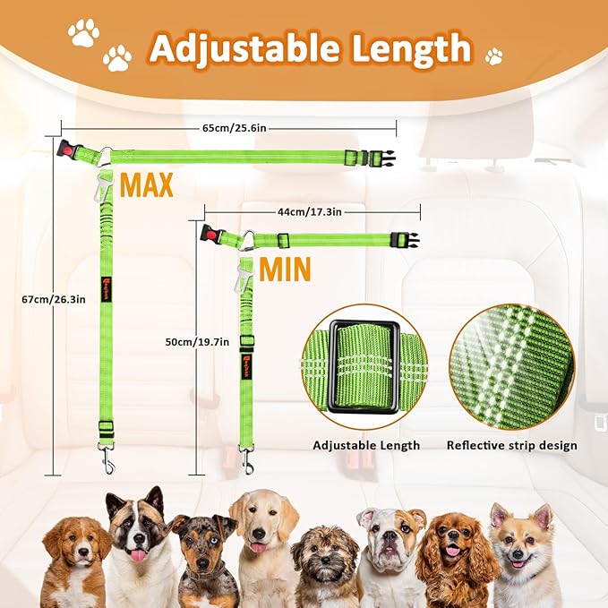 Removable Dog Seat Belt Harness for Car, 3 in 1 Pet Dog Car Seatbelt Leash, Retractable Restraint Secures to Vehicle Headrest & Adjustable Reflective Bungee Dog Seatbelt Tether, Green and Black - PAWPICO