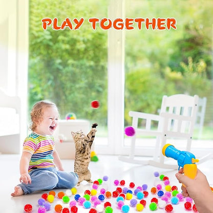 BooTaa Pet Toys, Interactive Cat Toy Set, 80pcs Glitter Pom-Poms Cat Ball Toy with 1 Launcher, Safe Soft Cat Toy Balls for Fetch, Training, Playing - PAWPICO