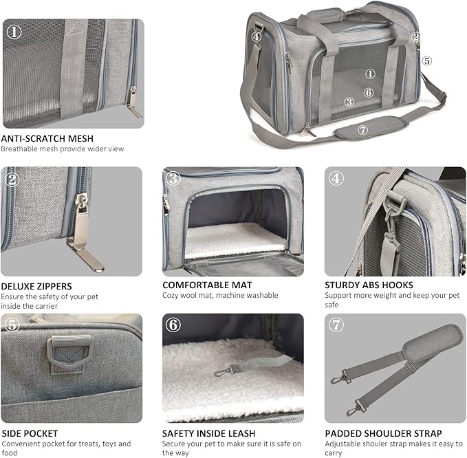 Henkelion Cat, Dog Carrier for Small Medium Cats Puppies up to 15 Lbs, TSA Airline Approved Carrier Soft Sided, Collapsible Travel Puppy Carrier - Grey - PAWPICO