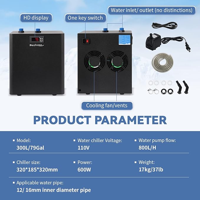 Poafamx Aquarium Chiller 79Gal 1/3 HP Water Chiller for Hydroponics System Home Use Axolotl Fish Coral Shrimp 110V with Pump and Pipe Black Poafamx