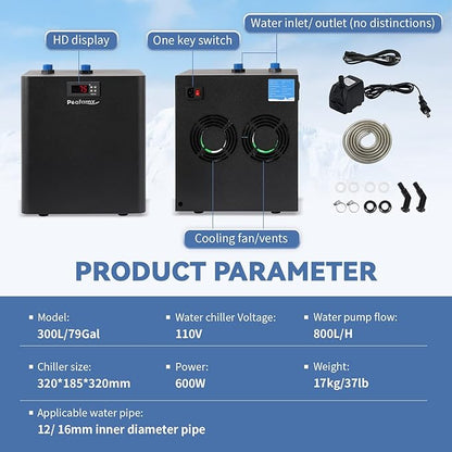 Poafamx Aquarium Chiller 79Gal 1/3 HP Water Chiller for Hydroponics System Home Use Axolotl Fish Coral Shrimp 110V with Pump and Pipe Black Poafamx