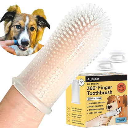 Jasper Dog Toothbrush, 360-Degree Silicone Dog Finger Toothbrush with Storage Cases, Dog Tooth Brushing Kit, Dog Teeth Cleaning Kit for Medium and Large Dogs, Use with Dog Toothpaste, 2-Pack Clear JASPER%C2%AE