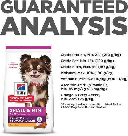 Hill's Science Diet Sensitive Stomach & Skin, Adult 1-6, Small & Mini Breeds Stomach & Skin Sensitivity Support, Dry Dog Food, Chicken Recipe, 15 lb Bag - PAWPICO