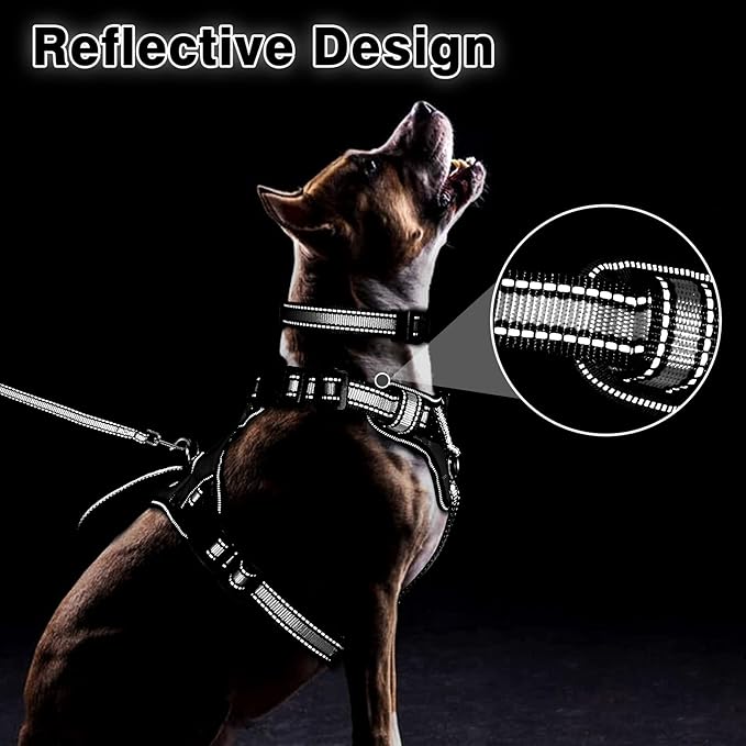 WINSEE Pet Harness Collar and Leash Set, All-in-one Reflective Dog Harness No Pull with Adjustable Buckles for Puppies, Small, Medium, Large, and Extra-Large Dogs (Large, Black) WINSEE