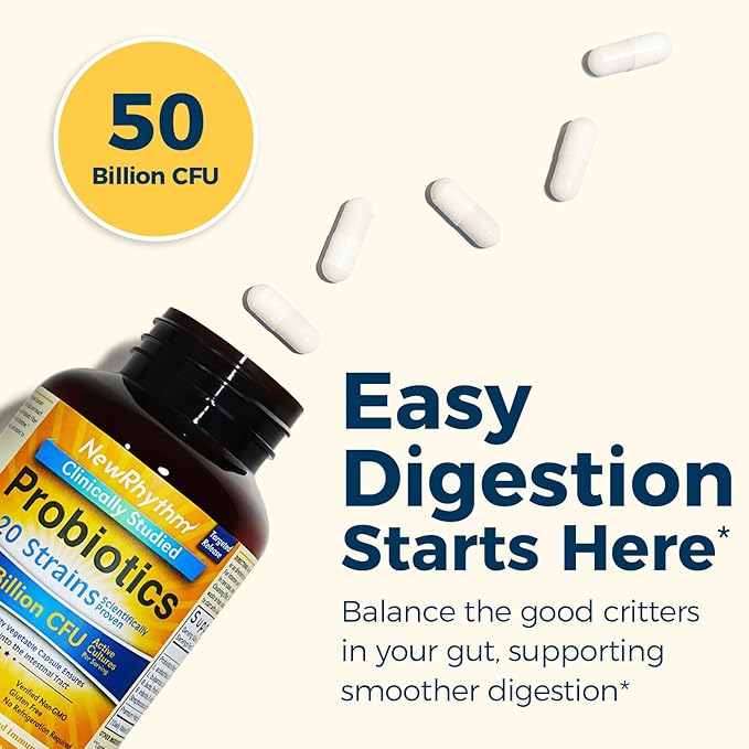 NewRhythm Probiotics 50 Billion CFU 20 Strains, 60 Veggie Capsules, Targeted Release Technology, Stomach Acid Resistant, No Need for Refrigeration, Non-GMO, Gluten Free NewRhythm