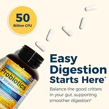 NewRhythm Probiotics 50 Billion CFU 20 Strains, 60 Veggie Capsules, Targeted Release Technology, Stomach Acid Resistant, No Need for Refrigeration, Non-GMO, Gluten Free NewRhythm