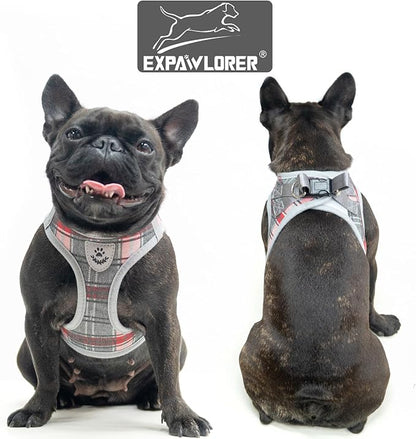 EXPAWLORER Classic Plaid Puppy Harness - Small Dog Harness and Leash Set - Dog Collar and Leash Set with AirTag Holder, Soft Padded Step in Dog Vest Harness No Pull Reflective for Outdoor, Grey XS EXPAWLORER