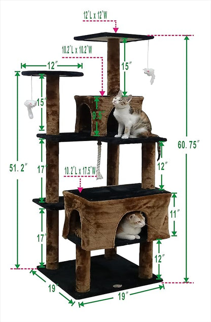 Go Pet Club Everyday Value 61in Cat Tree Kitty Scratcher Kitten Tower House Furniture with Two Condo Beds for Indoor Cats, Brown/Black - PAWPICO