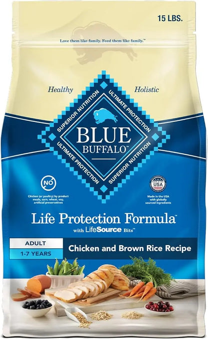 Blue Buffalo Life Protection Formula Adult Dry Dog Food, Helps Build and Maintain Strong Muscles, Made with Natural Ingredients, Chicken & Brown Rice Recipe, 15-lb. Bag - PAWPICO