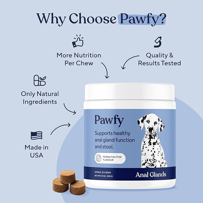 Pawfy Anal Gland Chews for Dogs | Natural No Scoot Remedy with Probiotics – Helps with Constipation, Digestive Health, and Gas Relief | Promotes Healthy Poops & Comfort - 30 Dog Supplements Pawfy