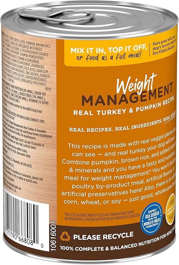 Nutrish Rachael Ray Turkey, Brown Rice & Venison 26 Pounds Dry Dog Food + Weight Management Turkey & Pumpkin 13 Ounce (Pack of 12) Wet Dog Food Bundle - PAWPICO