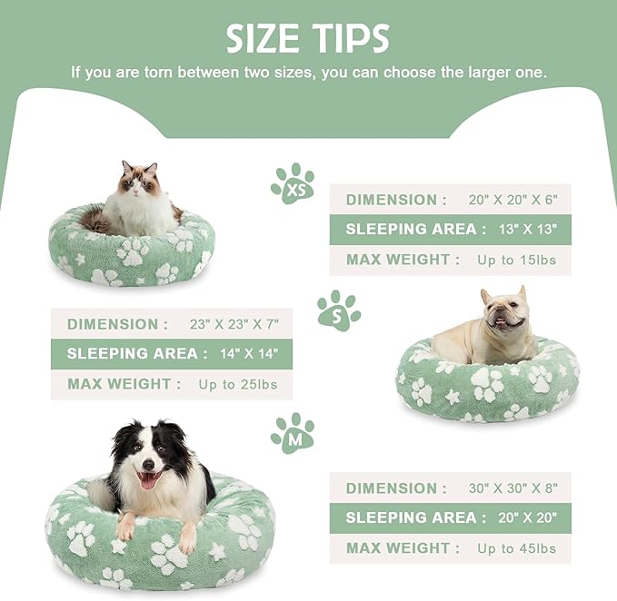 Donut Dog Beds for Small Dogs, Calming Round Cat Beds for Indoor Cats, Cute 3D Textured Paw Pet Bed with Removable Washable Cover and Anti-Slip Bottom（Green，20"） - PAWPICO
