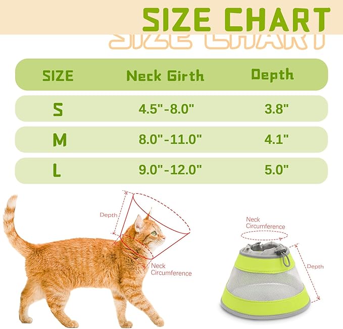 Cat Cone, Breathable Cat Cone Collar Soft, Adjustable Cat Cone to Stop Licking, Water Resistant Neck Cone for Cats with Air Mesh, Protective Cat Recovery E Collar for Cat Kitten（Green,M-2 GoGoPaw