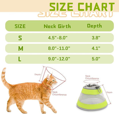 Cat Cone, Breathable Cat Cone Collar Soft, Adjustable Cat Cone to Stop Licking, Water Resistant Neck Cone for Cats with Air Mesh, Protective Cat Recovery E Collar for Cat Kitten（Green, S-2 GoGoPaw