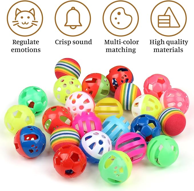 24pcs Value Pack Plastic Ball Cat Toys Lattice Balls with Bell Jingle Kitten Toy Rainbow Ball, Gift Box Styles - PAWPICO